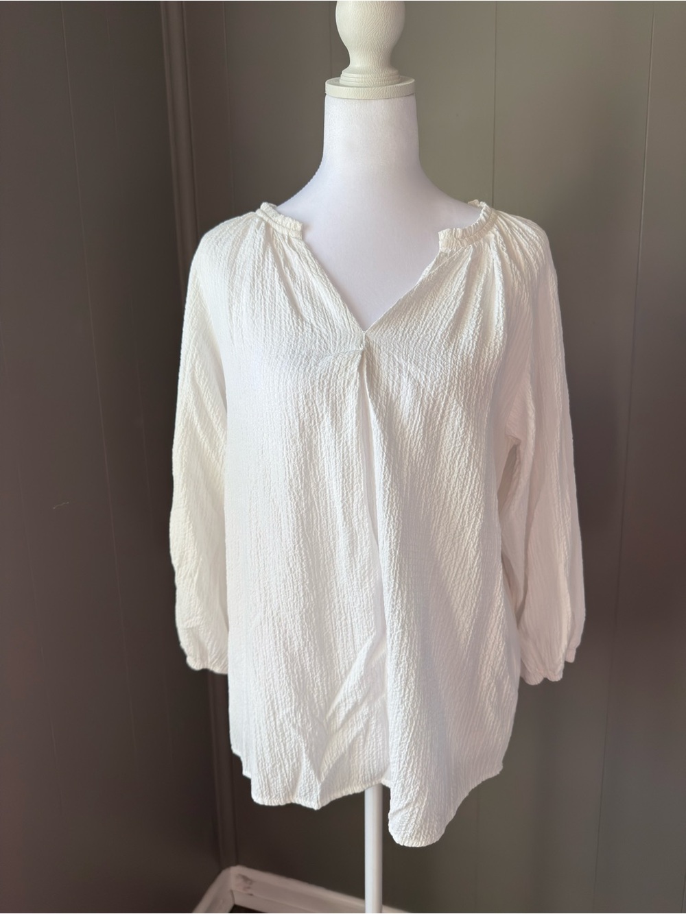 White Textured V-Neck Women’s Blouse